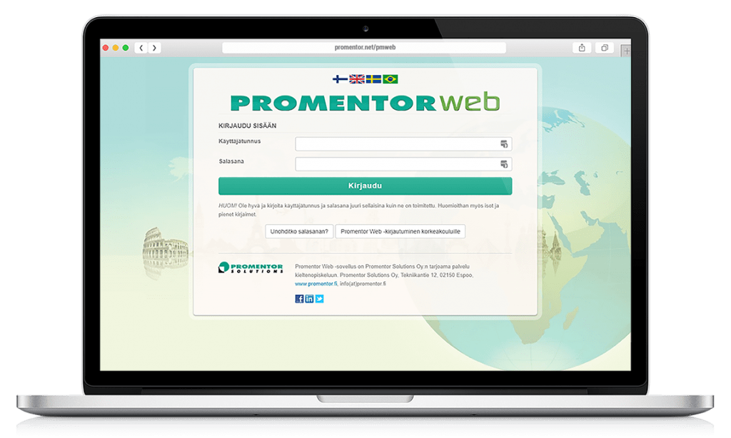 PromentorWebin etusivu ja kirjautumisikkuna auki kannettavalla tietokoneella
