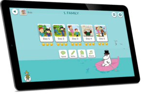 Kuva tabletista ja Moomin Language School kielenoppimispalvelusta